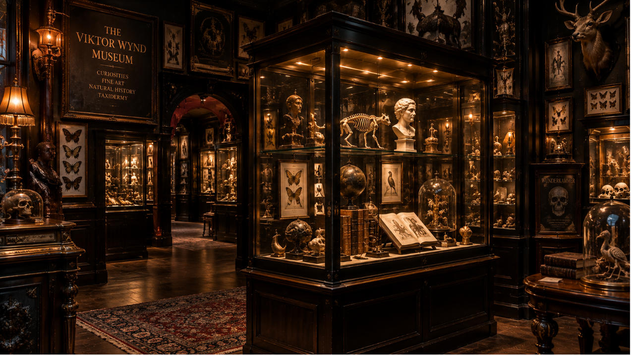 The Viktor Wynd Museum London curiosity museum display cases inside dark Victorian vintage collection interior