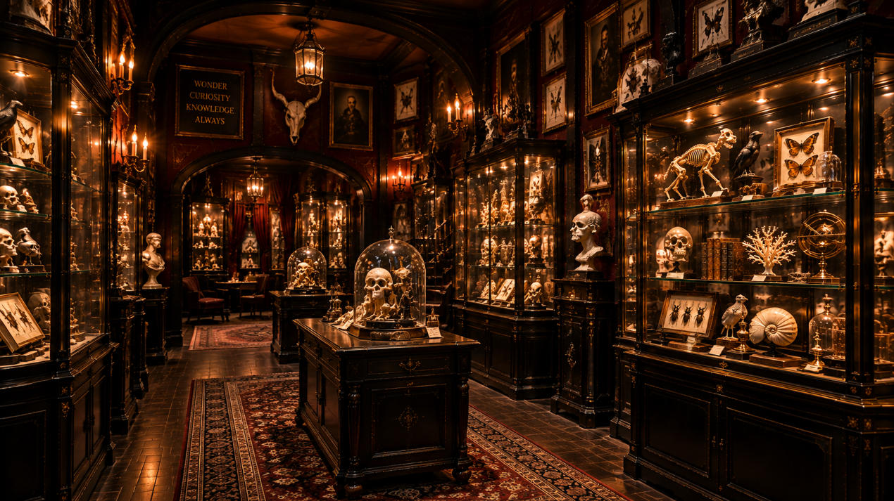 Completed The Viktor Wynd Museum London interior with curiosity museum display cases Victorian cabinets and dense private collections