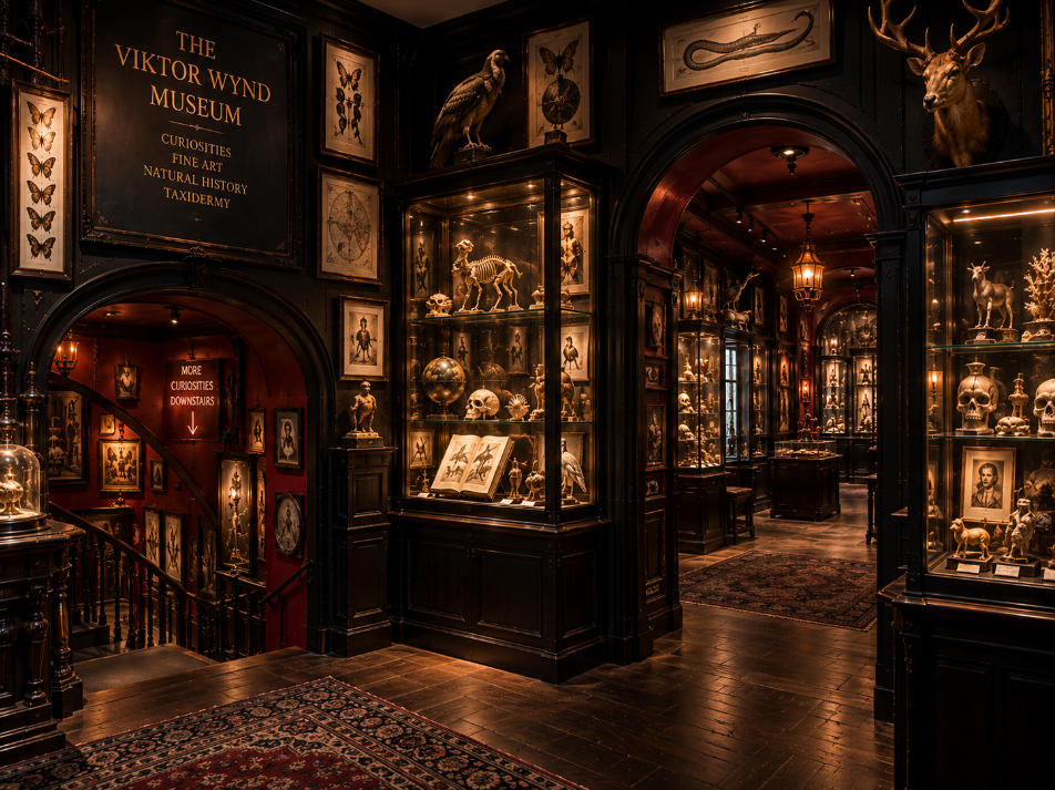 The Viktor Wynd Museum London layout with basement galleries dense curiosity collections dark vintage interiors and maze circulation