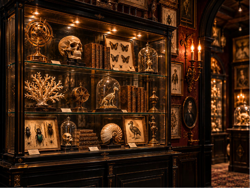 Vintage curiosity museum showcase detail with black timber brass glass and warm wall lighting