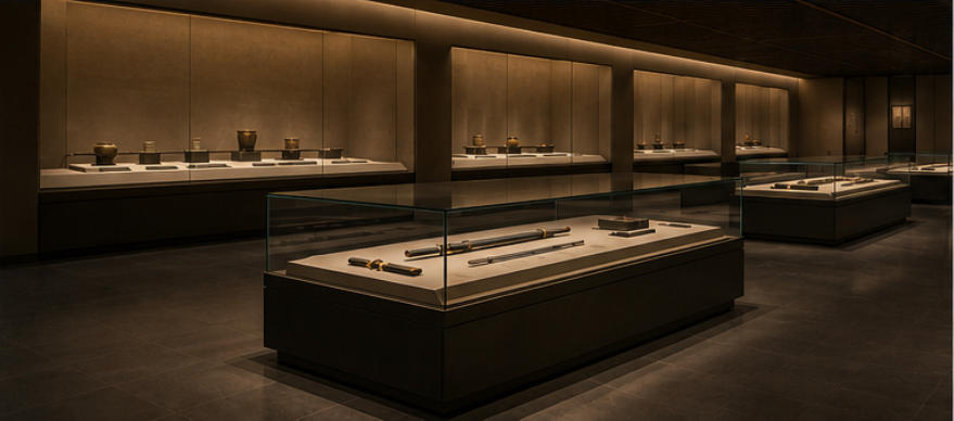 Minimal artifact showcase for quiet single exhibit zones