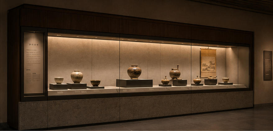 Wood stone case for unified gallery circulation layout