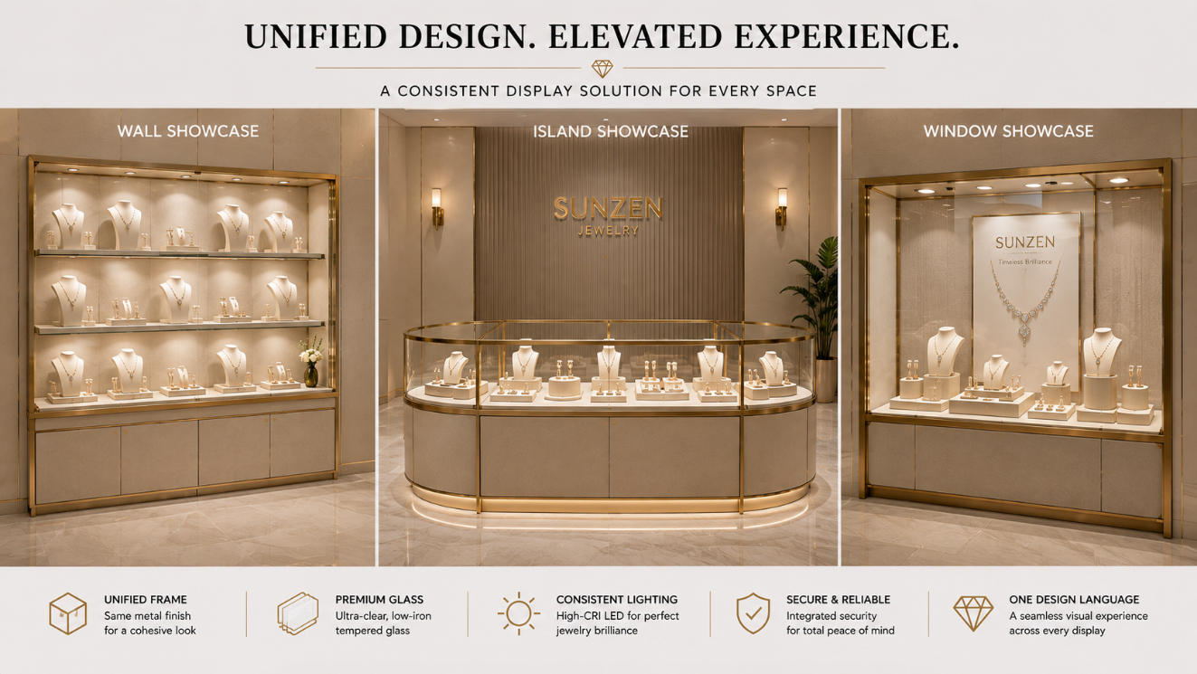Coordinated jewelry wall showcase island showcase and window showcase with one unified design language