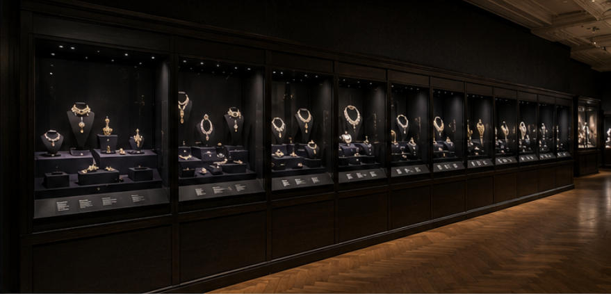 Low-ref glass case for light-sensitive antique jewels