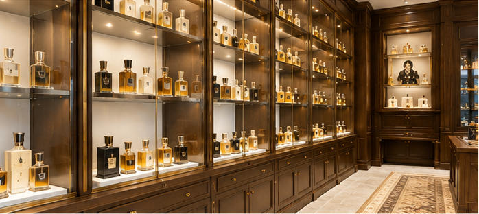 Brass antique vitrine for vintage perfume exhibition corridors