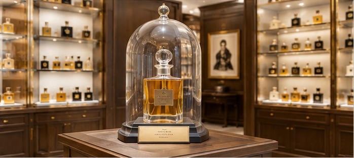 Warm gallery plinth for signature antique perfume exhibits