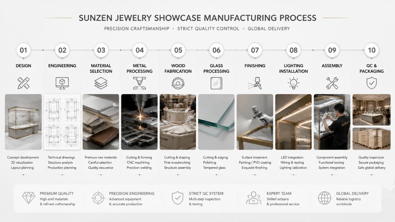 SUNZEN jewelry showcase manufacturing process from design and engineering to quality control and packaging