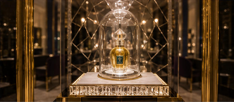 Crystal spotlight plinth for signature rare perfume exhibits