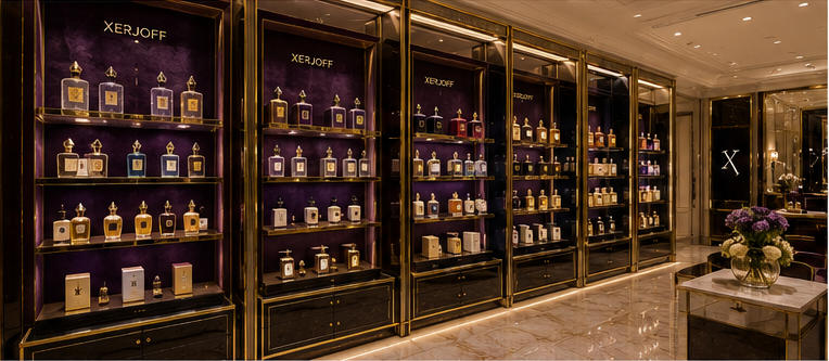 Velvet lined wall vitrine for full-length luxury gift galleries